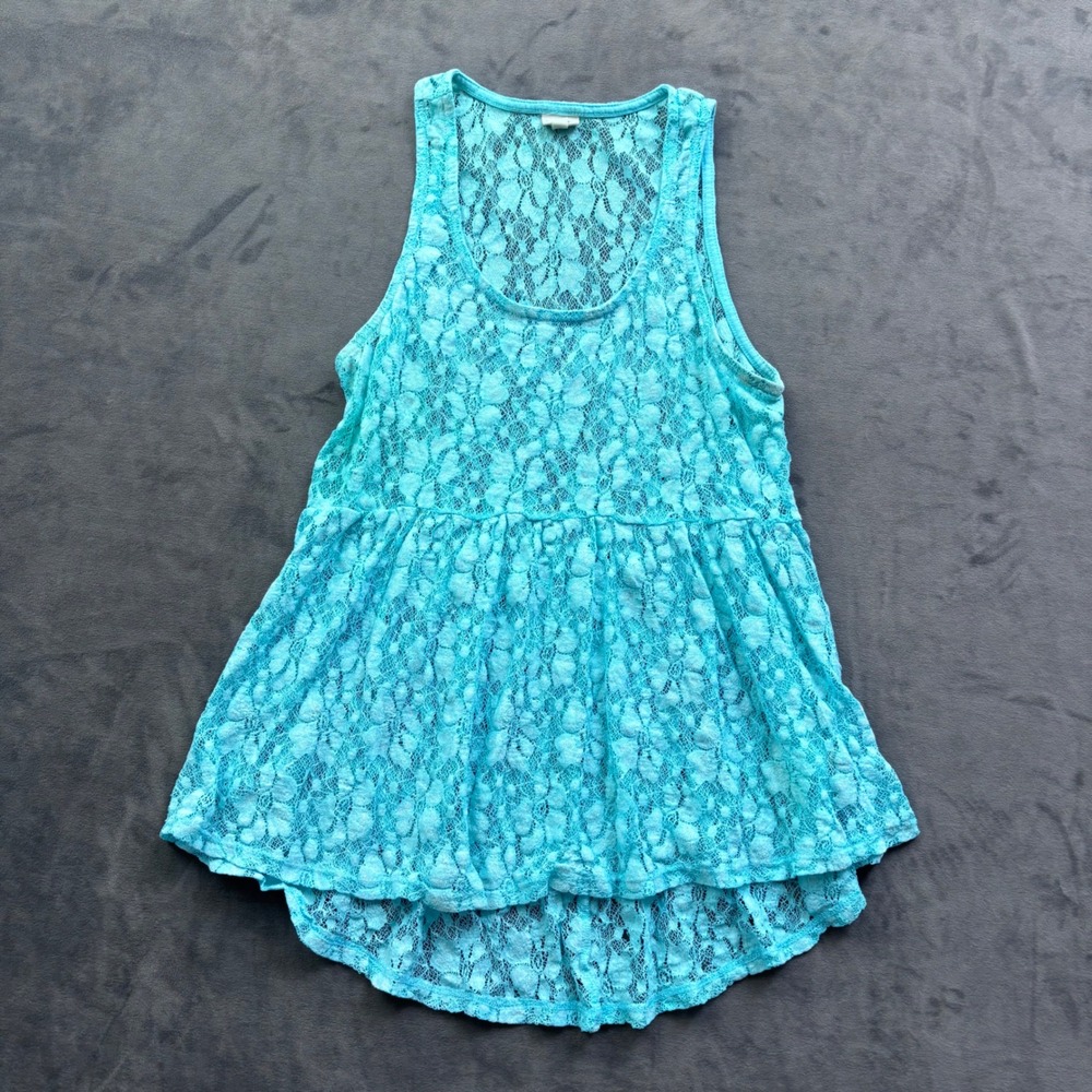 Mudd Aqua Blue Floral Lace Peplum Tank Top High Low Hem Sleeveless L